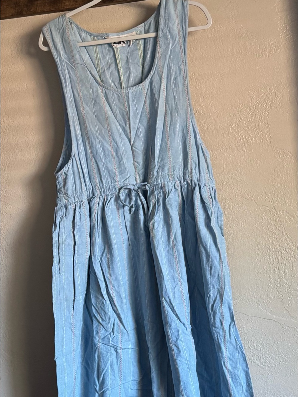 Light Blue Sleeveless Cotton Drawstring Midi Dress